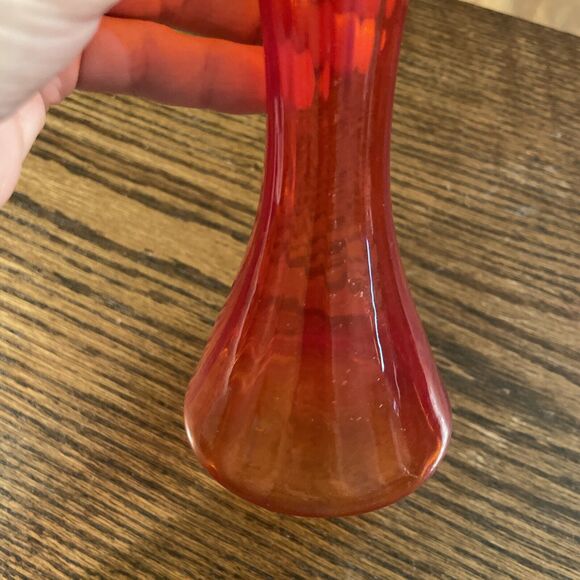 Vintage Orange Red Glass Swung Vase Ribbed Ruffled Stretch 5.75” Depression - Picture 4 of 6